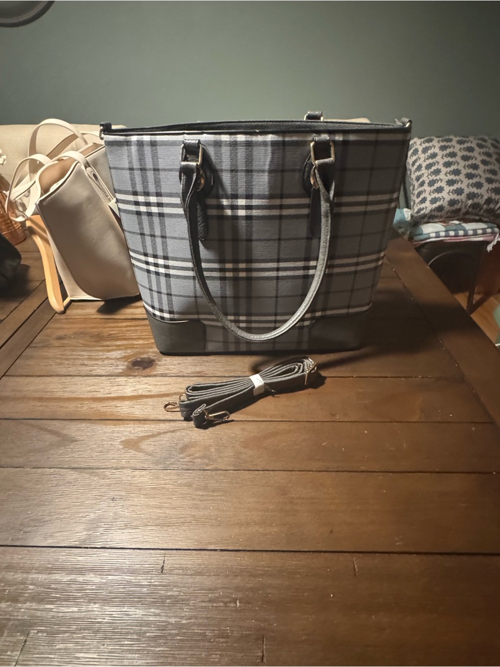 Gray Plaid Tote Bag with Removable adjustable crossbody Strap - NWT